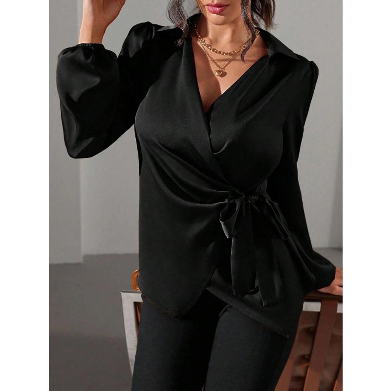 Spring and Winter Lace Up Waist Cinching Shirt New Long Sleeved Women Blouse Shirt with Tie Up Waist Fashion Tops Casual V Neck Clothing