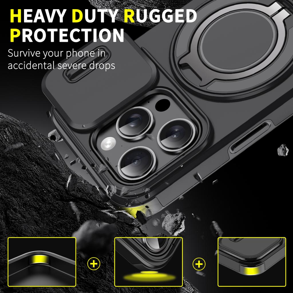 For iPhone 15 Pro Magnetic Phone Case Slide Lens Protection Ring Kickstand TPU+PC Cover