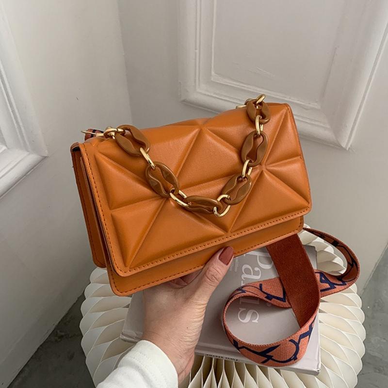 Chic Women Quilted Faux Leather Crossbody Bag, Gold Chain Adjustable Printed Wide Strap Shoulder Purse Casual Daily Handbag