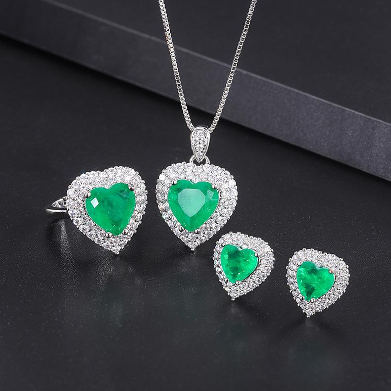 Simulated Paraiba Necklace Ring Earring Three Piece Set Colorful Treasure Inlaid Emerald Green Heart Earrings Pendant Bracelet