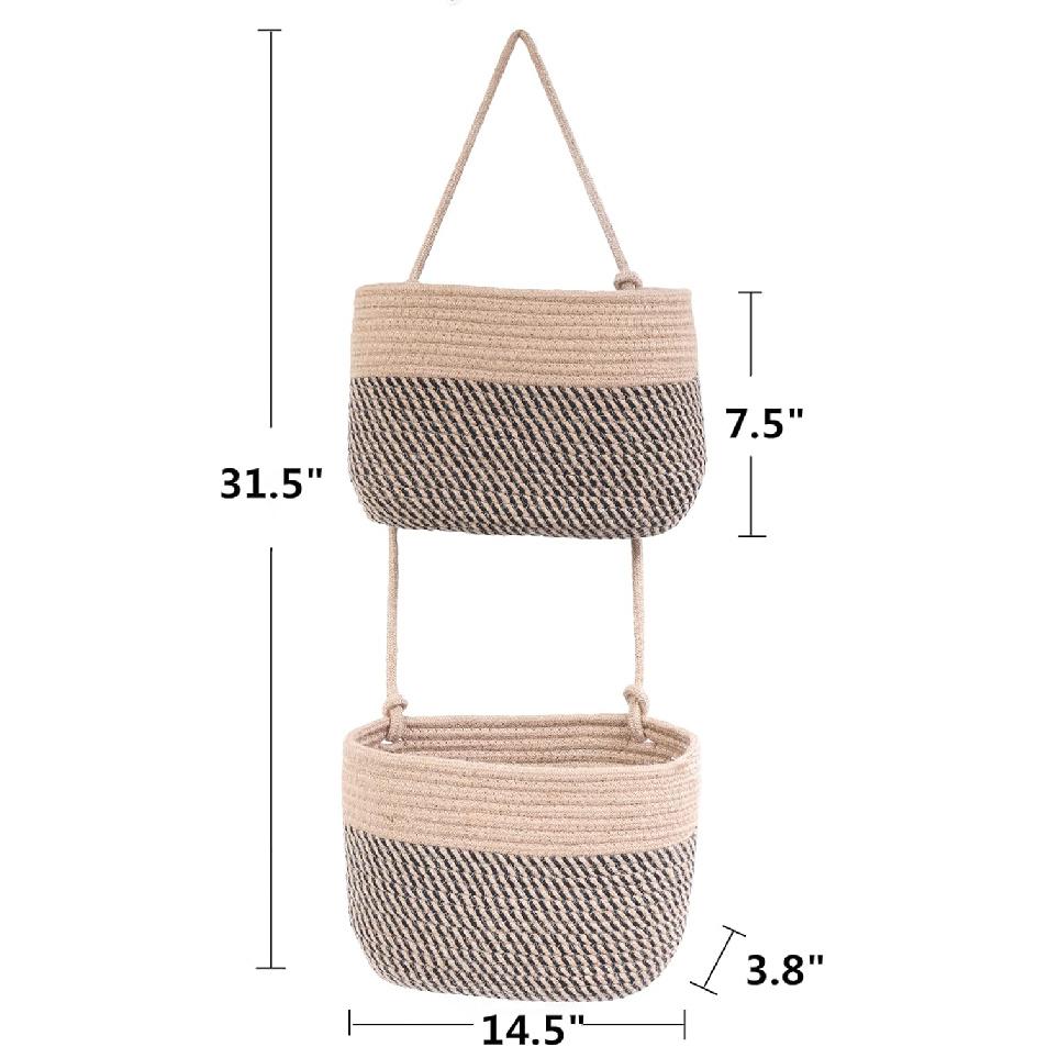 Over The Door Hanging Basket, 2 Tier Cotton Rope Woven Wall Basket, Magazine Racks Hanging Organizer, Decorative Hanging Storage Baskets for