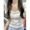 Spring/Summer Korean Style Slim-Fit Bow Tie Lace-Up Short-Sleeved T-Shirt for Women