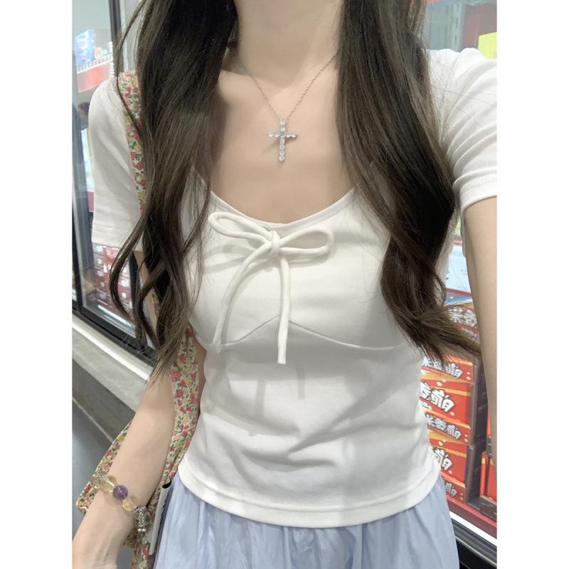 Spring/Summer Korean Style Slim-Fit Bow Tie Lace-Up Short-Sleeved T-Shirt for Women