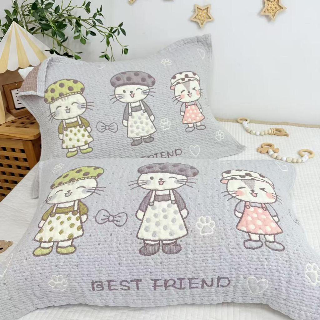 Cartoon Cotton Gauze Pillowcase Set: Soft, Breathable, Sweat-Absorbent Pillow Covers.
