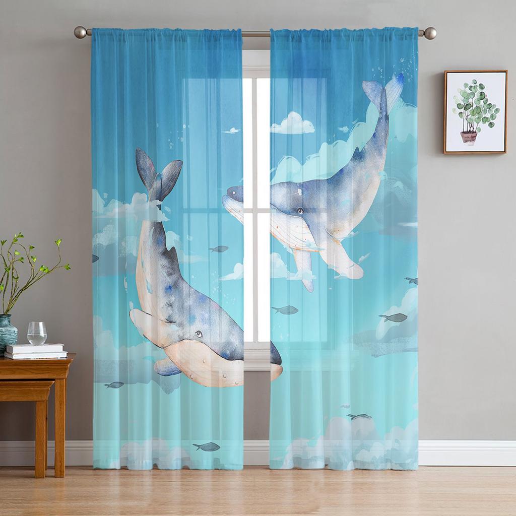 Cartoon-Fisch-Tüll-transparente Fenstervorhänge für Wohnzimmer, Küche, Kinderschlafzimmer, Voile-Hängevorhang