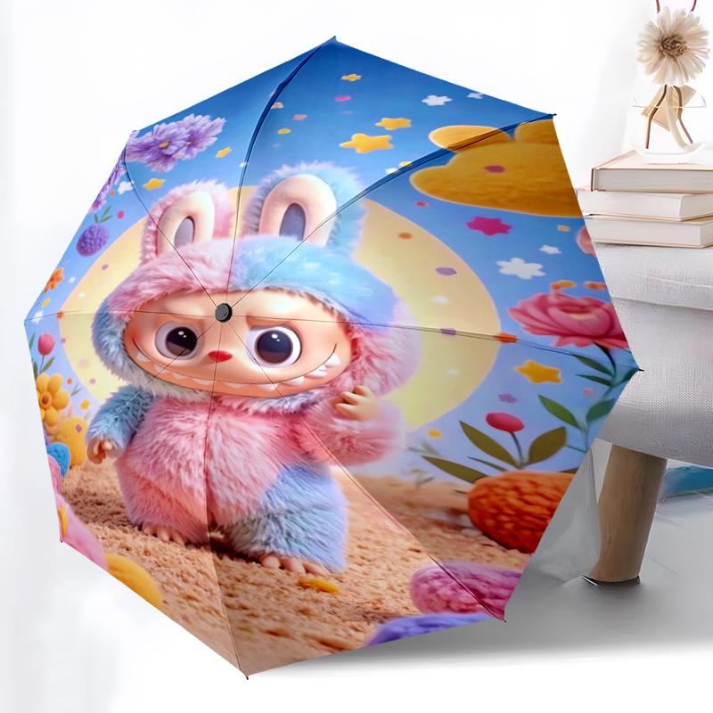 1pc Sturdy 8-Bone Auto Umbrella, LABUBU Umbrella, Digital Printed, Foldable Umbrella for On-the-Go Outdoor Use