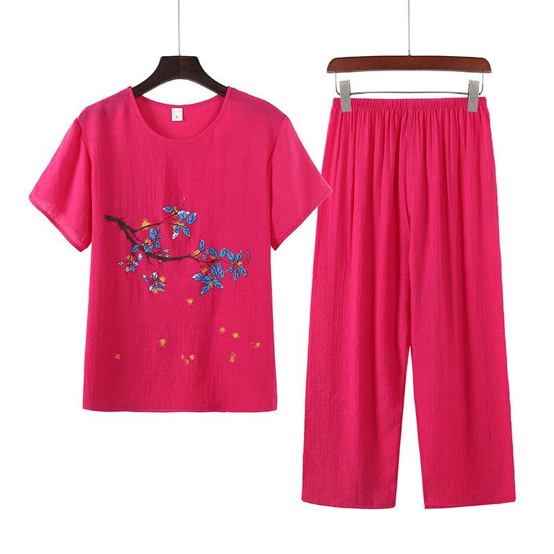 Women's Summer Cotton Linen Short-Sleeved Two-Piece Set: Grandma Mom Pajama Top and Pants.