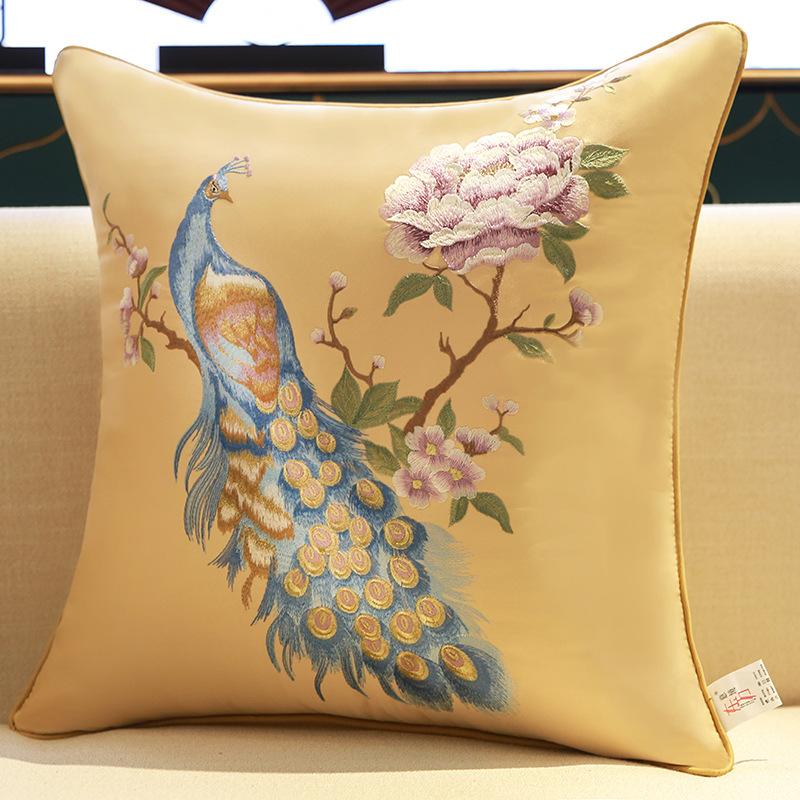 2025 Classical Bedside Backrest Waist Pillowcase Chinese Style Embroidery Pillowcase Flower Bird Living Room Sofa Cushion Cover