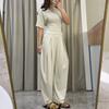 European and American Amazon Women's New Crew Neck Short Sleeve Slim Top Design High Waist Wide Leg Pants Set