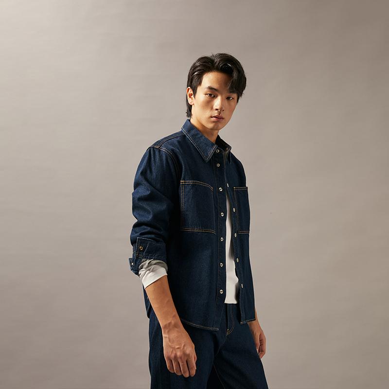 Calvin Klein Classic Retro Square Pocket Loose Denim Shirt Men shirts Dark-Blue J327310
