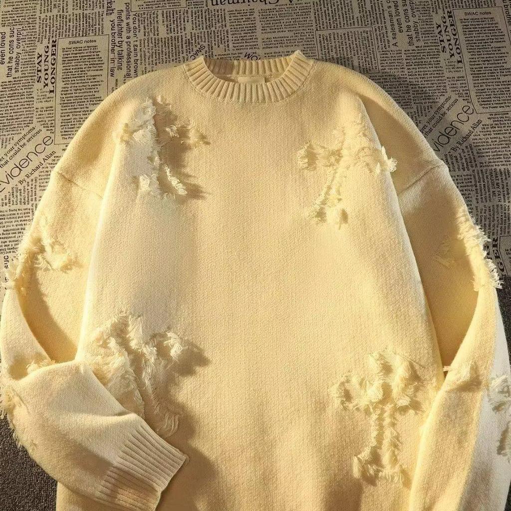 Streetwear Men Retro Fringed Sweater Loose Versatile  Men Women Long Sleeve