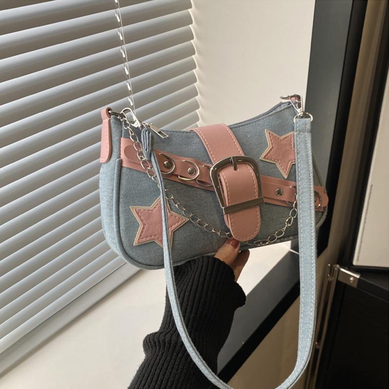 Fashi Women's Handbags Denim Stars Pattern Cool Girls Underarm Bag Female Small Shoulder Hobo Bags Chain Tote Bag