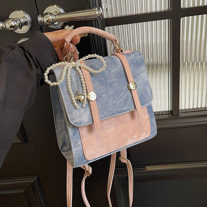 Rucsac Retro Color Block pentru Femei: Geantă de umăr casual la modă în stil coreean de colegiu