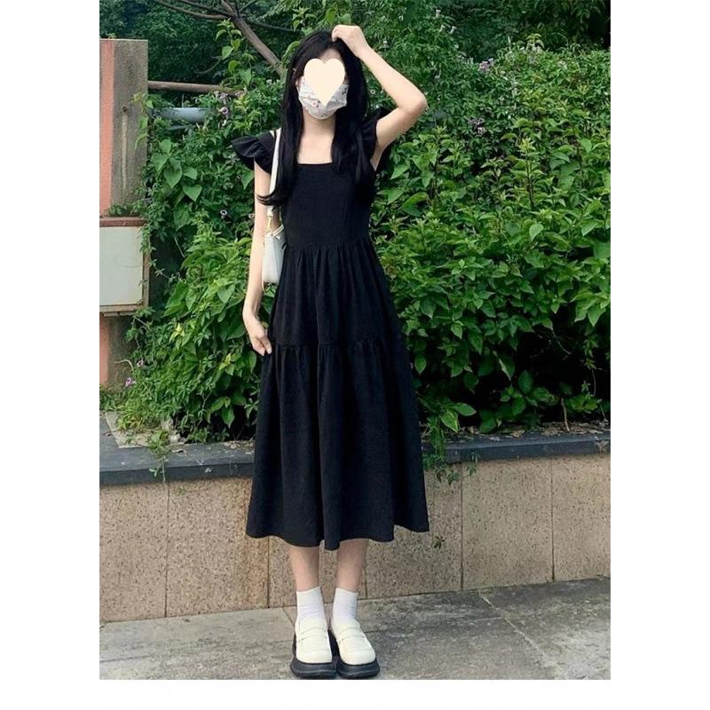 

Summer new women s black dress small flying sleeves He long dress first love coffee break S 40-47.5kg