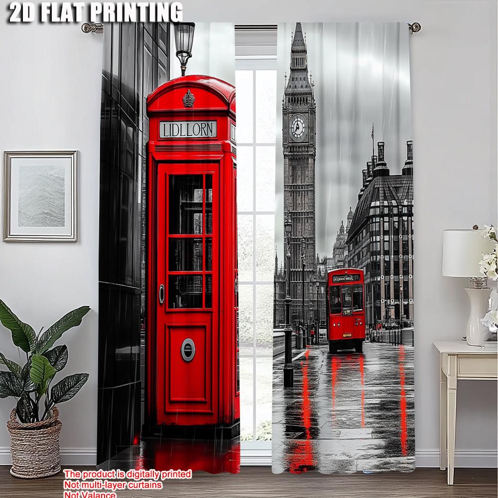 2pcs   Curtain Popular 2D print London Telephone Booth Polyester (without rod) Room Decor Perfect for Study   Living Room   Kitchen