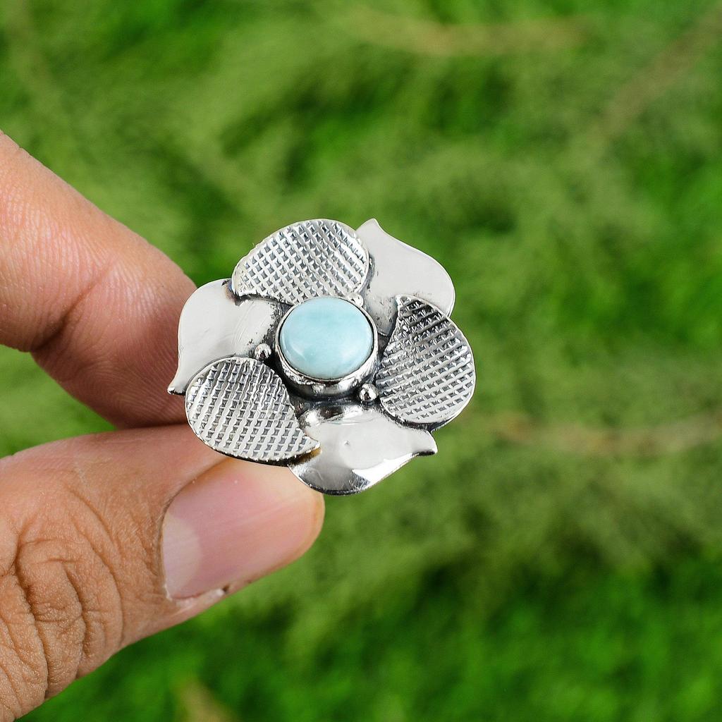 Natural Larimar Gemstone Statement Flower Adjustable Ring 925 Silver For Girls