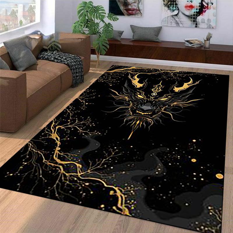 Golden Dragon Head Design Rug with Black Background for Home Decor. Suitable for use as an anti-slip for living room bedroom sofas