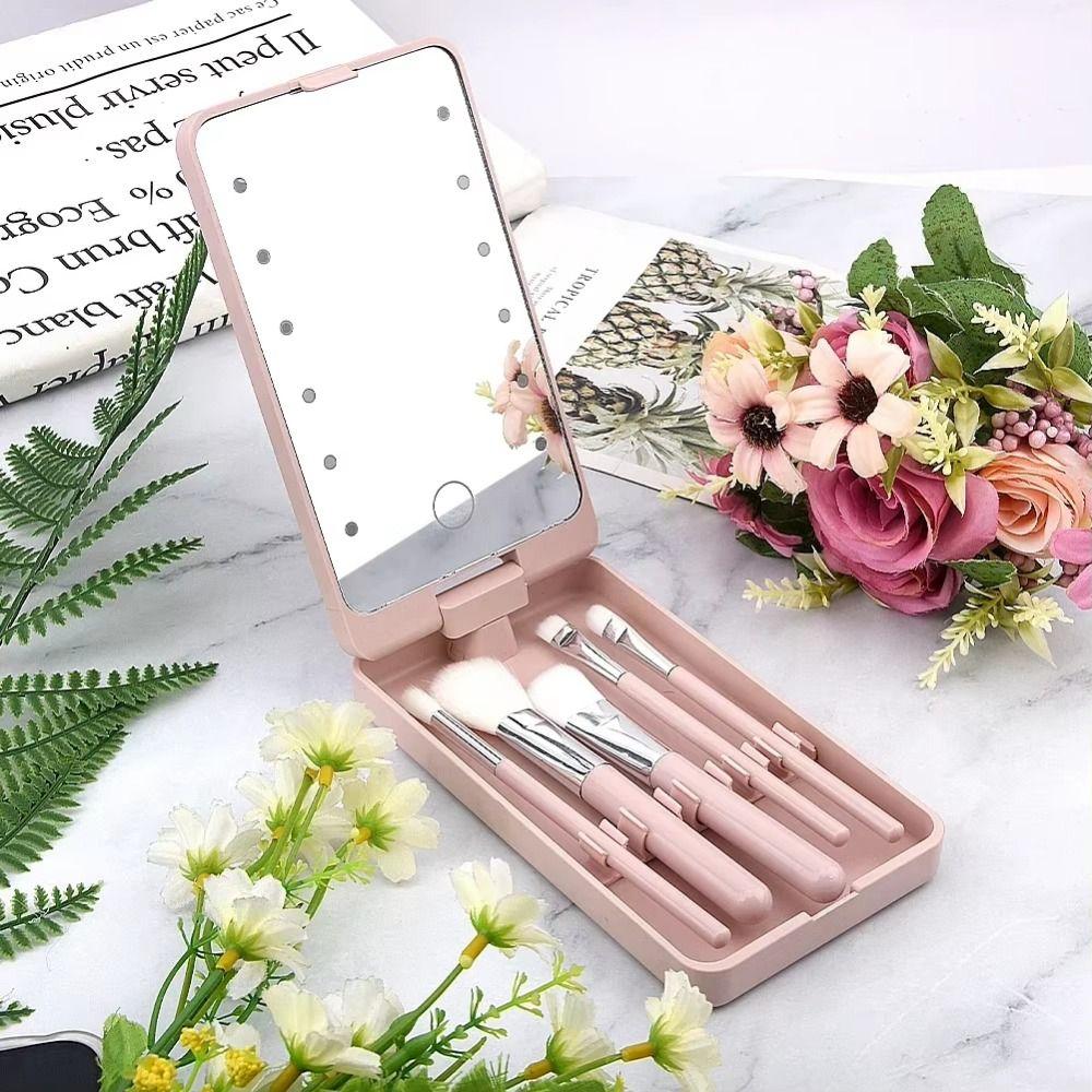 Adjustable Brightness LED Makeup Mirror Brush Set LED Lights Makeup Brush Box  Camping