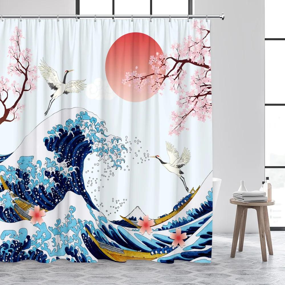 Japanese Style Shower Curtain Octopus Koi Fish Sea Waves Cherry Blossom Abstract Mountain Ink Art Curtains Fabric Bathroom Decor