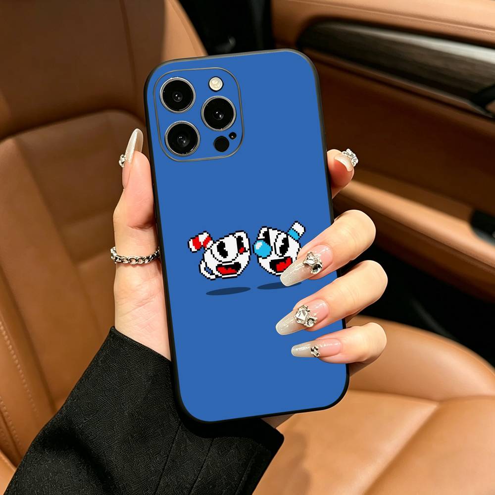 Cute CupHead And MugMan Phone Case For iPhone 12 13 14 15 16 17 Pro Max, Lightweight and Practical Soft Black Cover