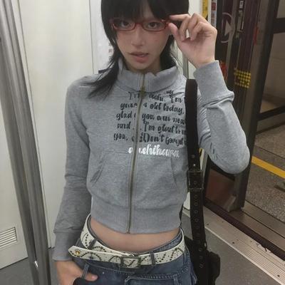 2KWEIRD Japanese Y2k Cropped Jacket Vintage Harajuku Short Coat American Retro Letter Print Zipper Sweatshirt Grunge Outerwear