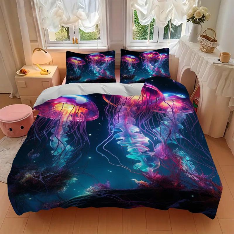 3pcs Colorful Jellyfish Bedding Set - Includes One Quilt Cover and Two Pillowcases (No Core) - Anime Cartoon Design for Bedroom Decorations.