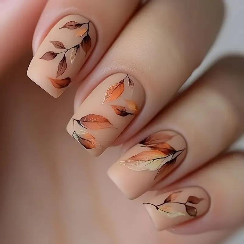 Europa Și Statele Unite 24 Artă pentru Unghii, Toamnă Și Iarnă Simplu Și Elegant Culoare Caldă Model cu Frunze, Unghii Pătrate de Purtat Free jelly glue + rubbing strips*4pcs brown