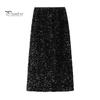 Solid Color Skirt Women Shiny Sequin Decoration Midi Elastic Soft Fabric High Waist Back Slit Design Beach Weddings Comfortable