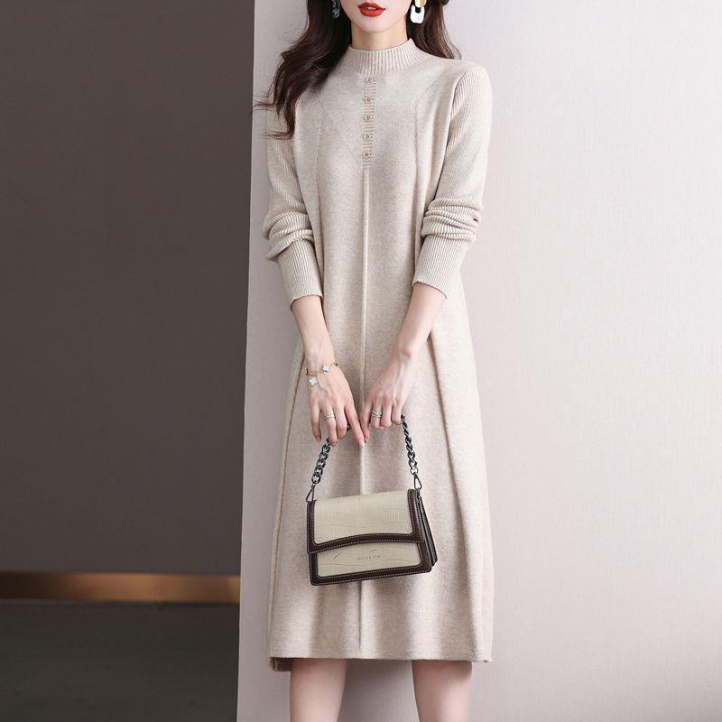 2025 Women's Elegant Half-High Collar Wool Knit Dress for Autumn and Winter