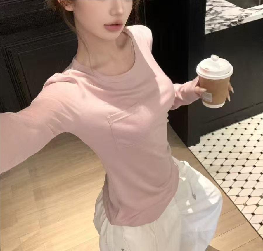 Korean Style Pink Slim Fit Waist-Cinched Long Sleeve T-Shirt for Women - Flattering Autumn Winter Layer M