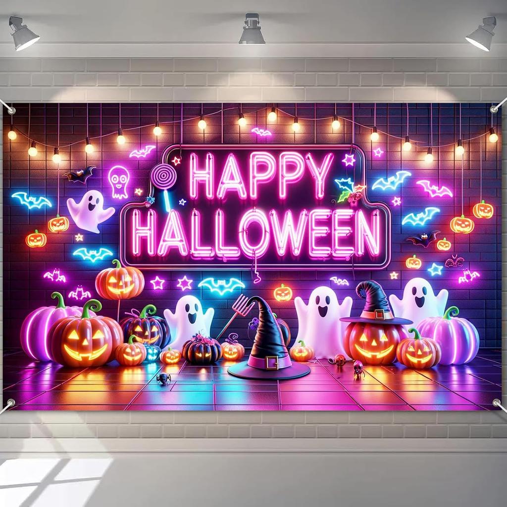 BlissYard Happy Halloween Banner Neon Ghost Pumpkin Backdrop 71 x 43 Inch