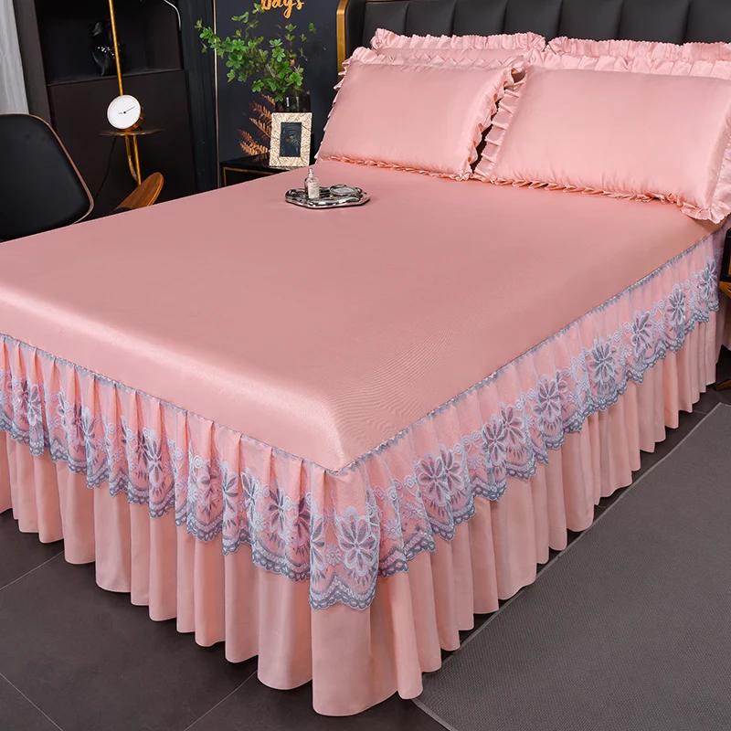 Korean Version Lace Solid Color Bed Skirt Three Piece Set, Skin Friendly Double-layer Bed Cover, Non Slip Bed Cover