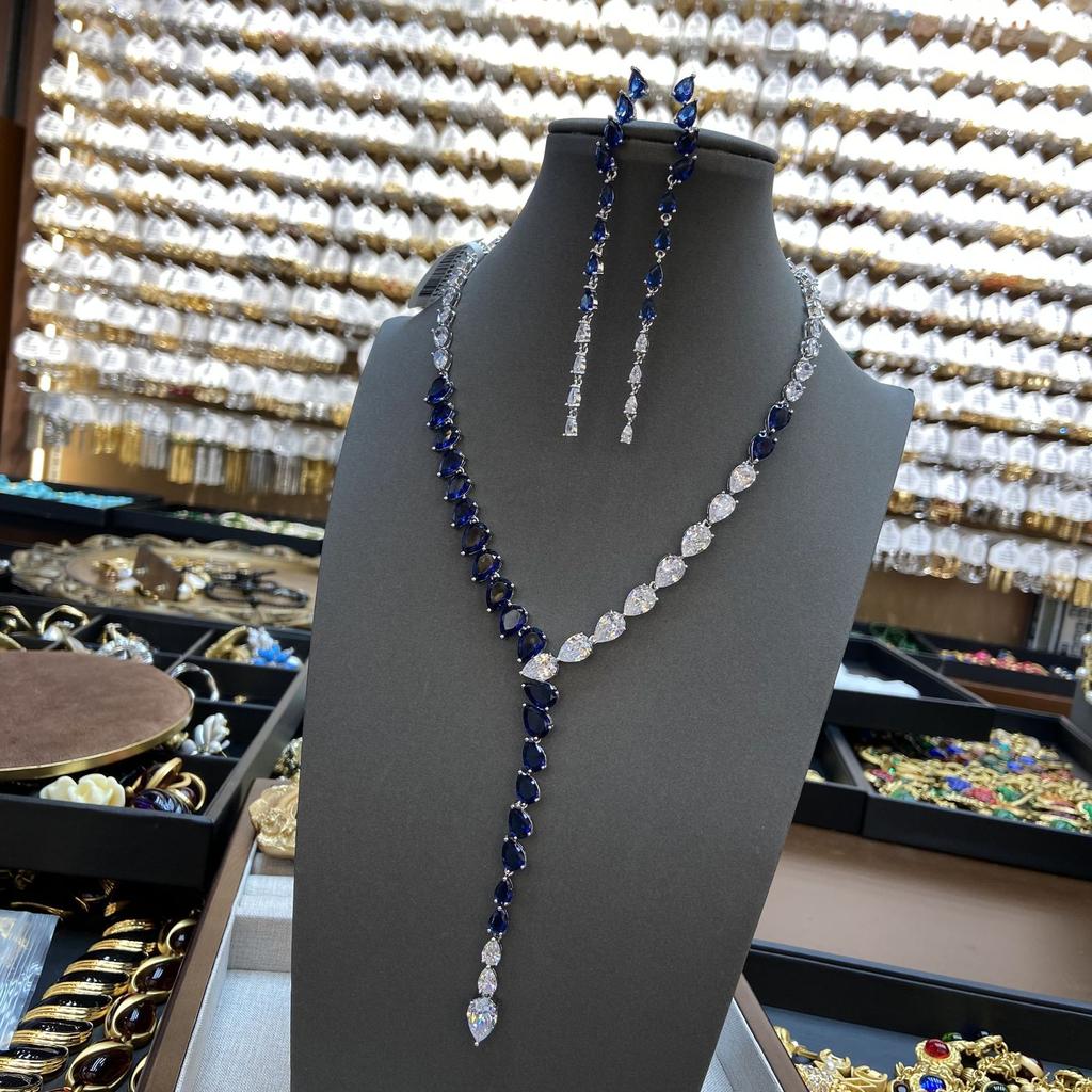 Wedding Dress Jewelry Set Simple Two-Color Splicing Water Drop Heart-Shaped Plated Real Gold Zircon Necklace Earrings Set Women