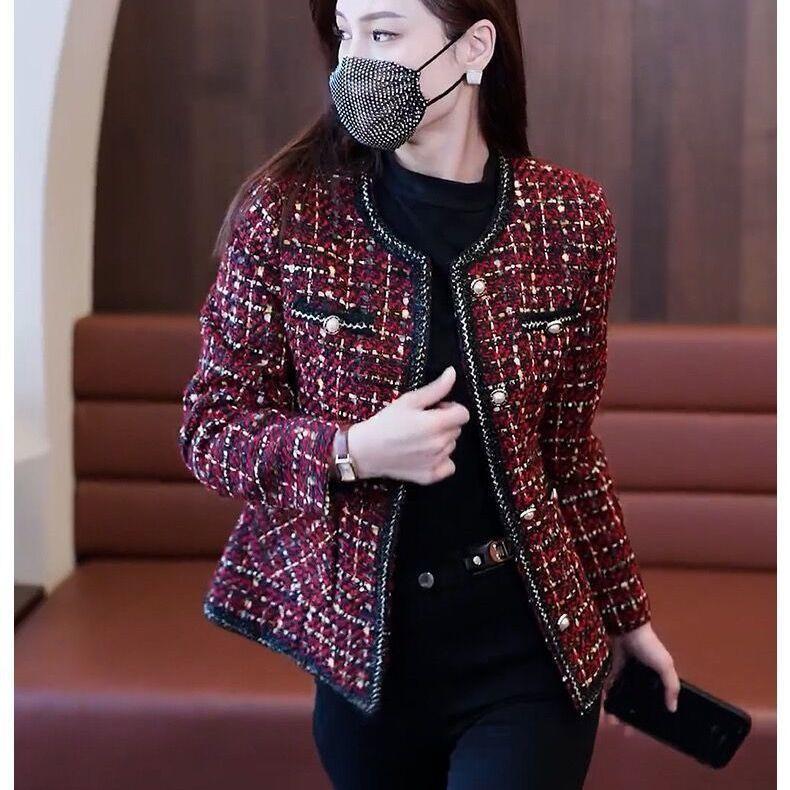 Online Celebrity Latest Slim Slim Slim Blouse Round Neck Spring Latest Long Sleeve Plaid Small Fragrance High-end Coat Female Short
