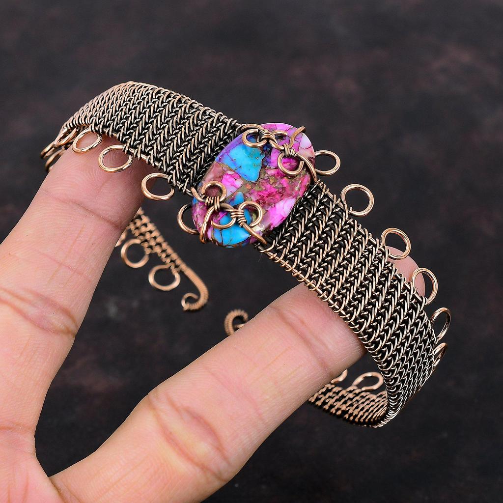 Kingman Pink Dahlia Turquoise Bangle Copper Wire Wrapped Gemstone Cuff Bracelet Adjustable Bangle Handmade Copper Wire Jewelry Wedding Gift