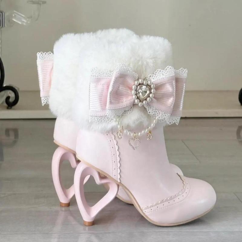 Womens Shoes Japanese Style Lolita Cosplay Dress Boots for Girls Cute Bow Pearl Hollow-out Heels Plush Winter Boots Woman