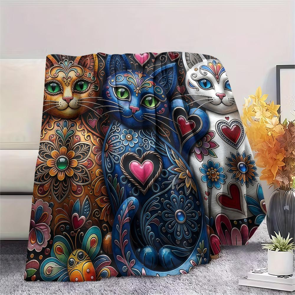 1PC Cat Styles Print FlAannel Blanket, High quality Comfortable for All Seasons, Home Decor, Warmth and Comfort