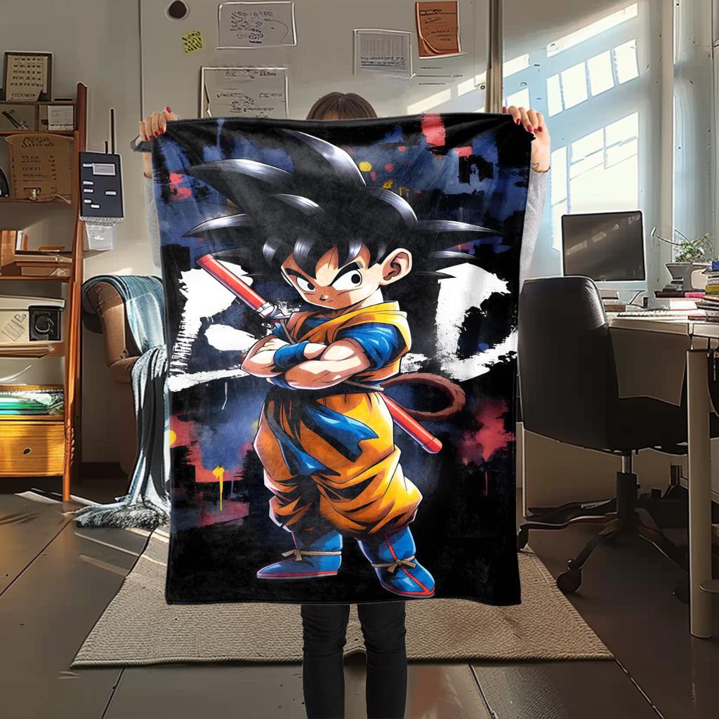 1PC Cartoon Son Goku Print Flannel Blanket, High quality All Seasons, Home Decor, Warmth and Comfort, Perfect for Christmas Gifts