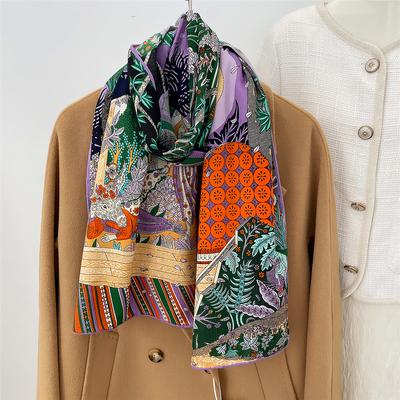 160X33Cm Winter Thicken Silk Cashmere Scarf Women Hand Rolled Shawls Forests Print Long Scarves Wraps Bandana Big Hijabs Female