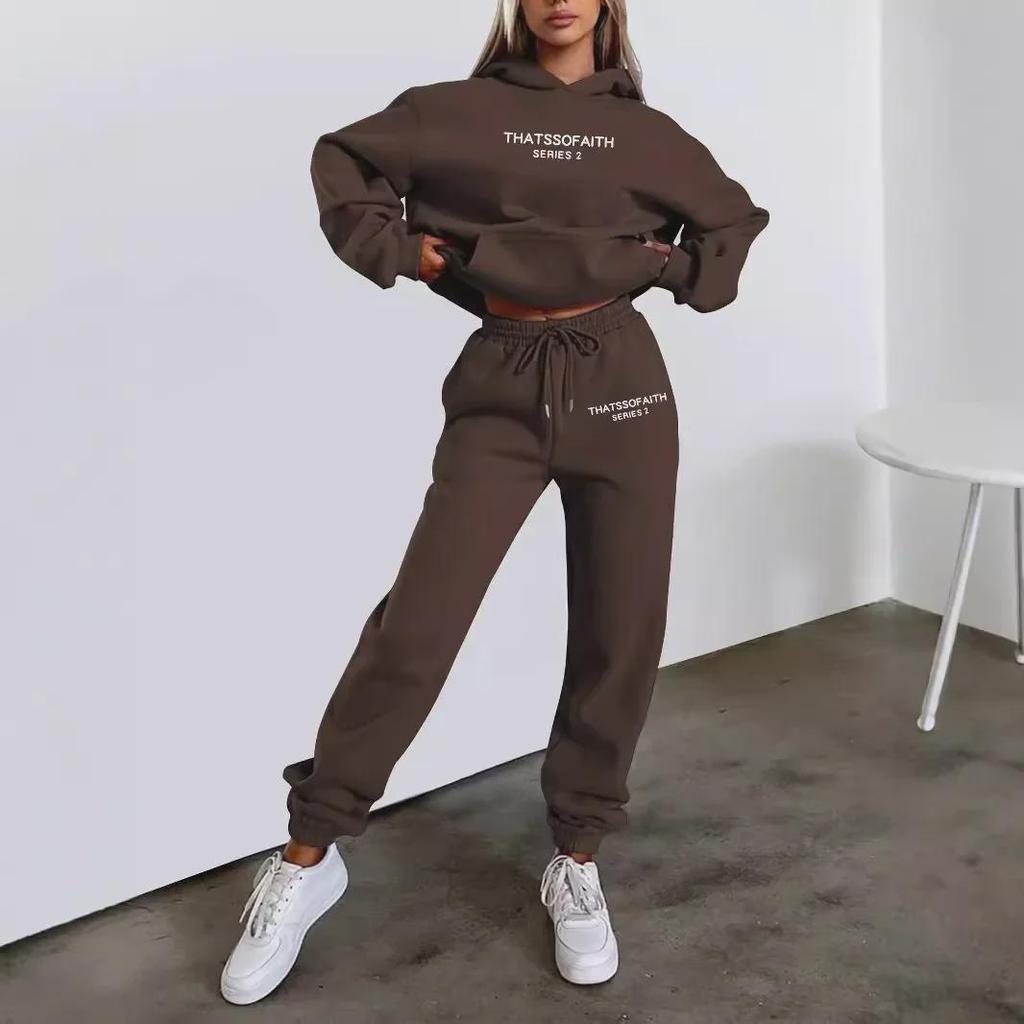European-American Women's Fashion Letter Print Hoodie & Fleece Jogger Set