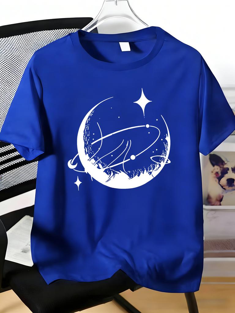 Moon Planet Star Space Line Art Print Unisexs Crew Neck Short Sleeve Casual Basic Summer Daily Soft Comfort Fit Wear Tee Shirt