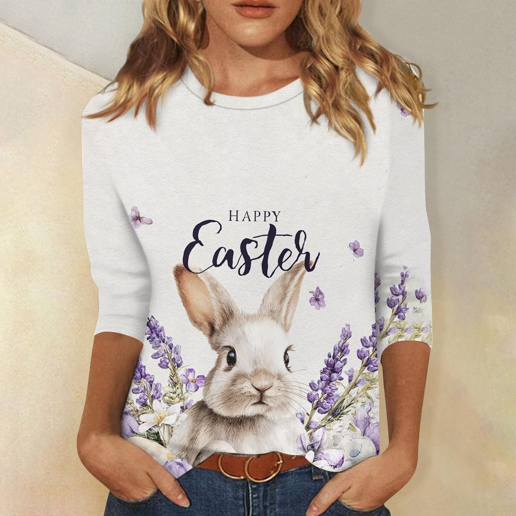 Women's Fashionable Casual Easter Bunny And Egg Print Neck Three-Quarter Sleeve T-Shirt