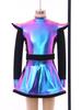 Kids Girls Alien Costume Patchwork Metallic Gloss Mock Neck Long Sleeve Back Zipper Built In Shorts Dress
