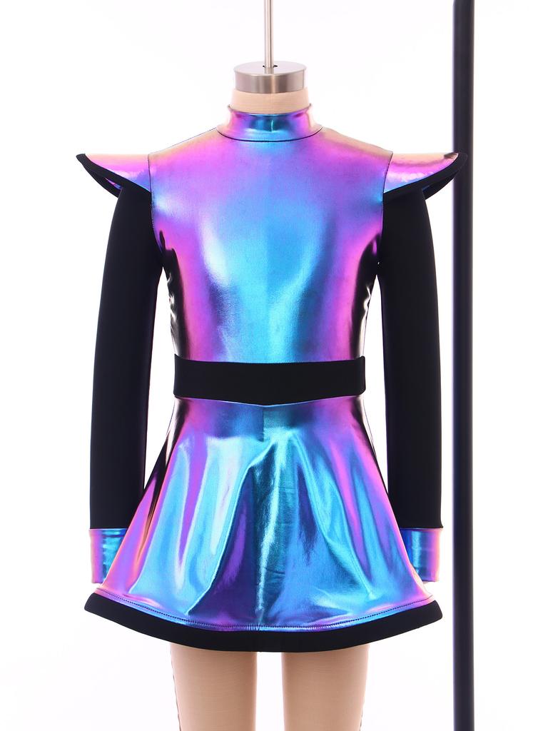 Kids Girls Alien Costume Patchwork Metallic Gloss Mock Neck Long Sleeve Back Zipper Built In Shorts Dress