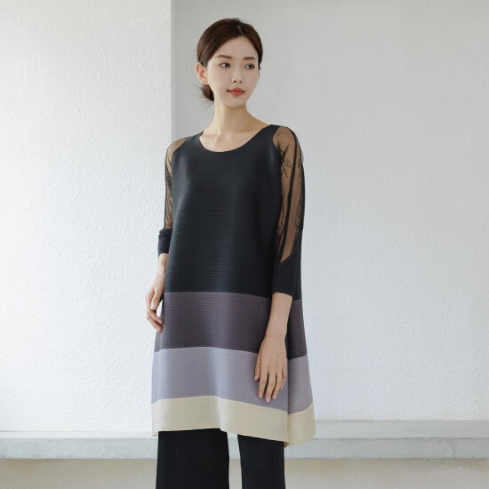 Plara Sheer Shoulder Color Layer Pleated Dress