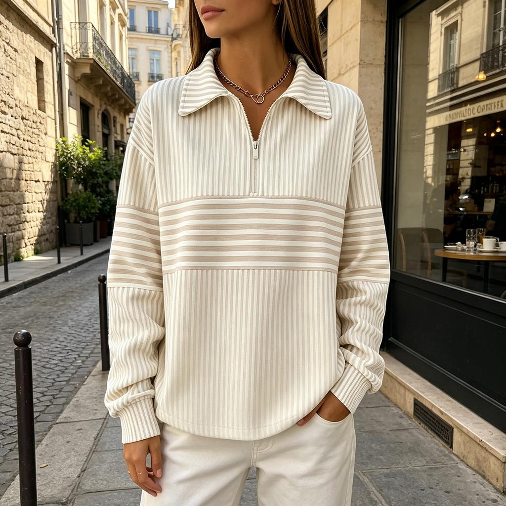 Women's Half-Zip V-Neck Long Sleeve Striped Print Sweatshirt Casual Fall Winter Pullover