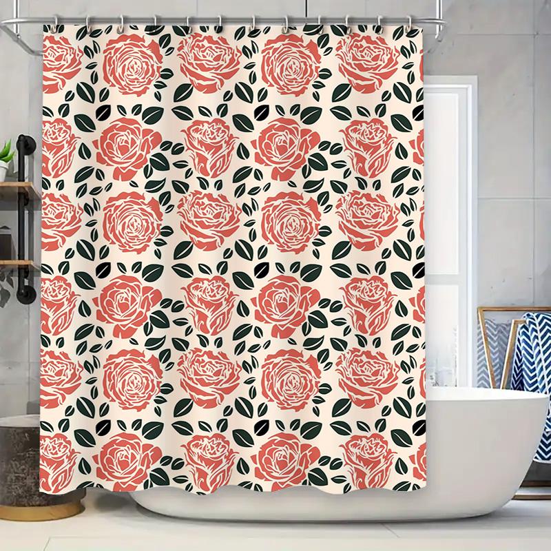 

Rustic Vintage Floral Shower Curtain For Bathroom Decor Coral Red Roses Print Polyester Fabric Waterproof Bath Tarp Size 72X84 I 90x180cm