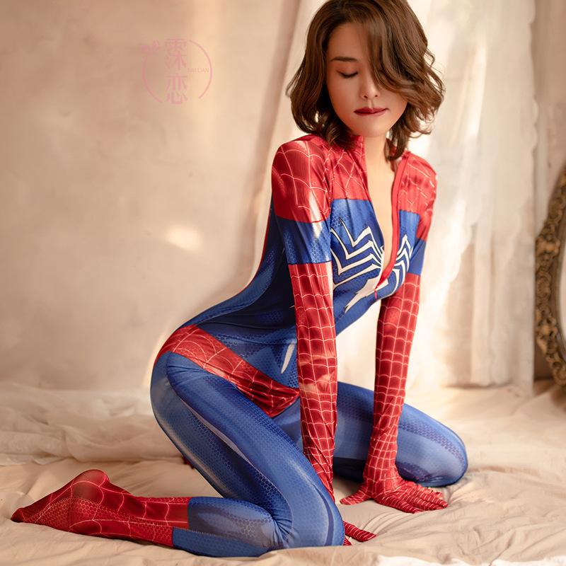 Sex underwear European and American red Spider-Man tight uniform super long zipper open crotch animation character COS