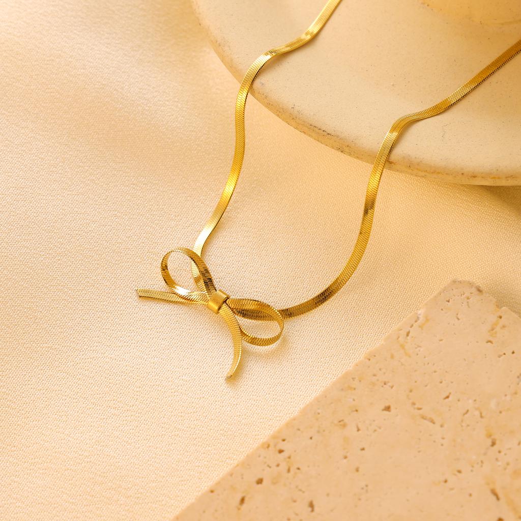 CARLIDANA Trendy Gold Plated Stainless Steel Necklaces Bow Necklace Bow Earrings Choker Snake Chain Necklace Set for Women