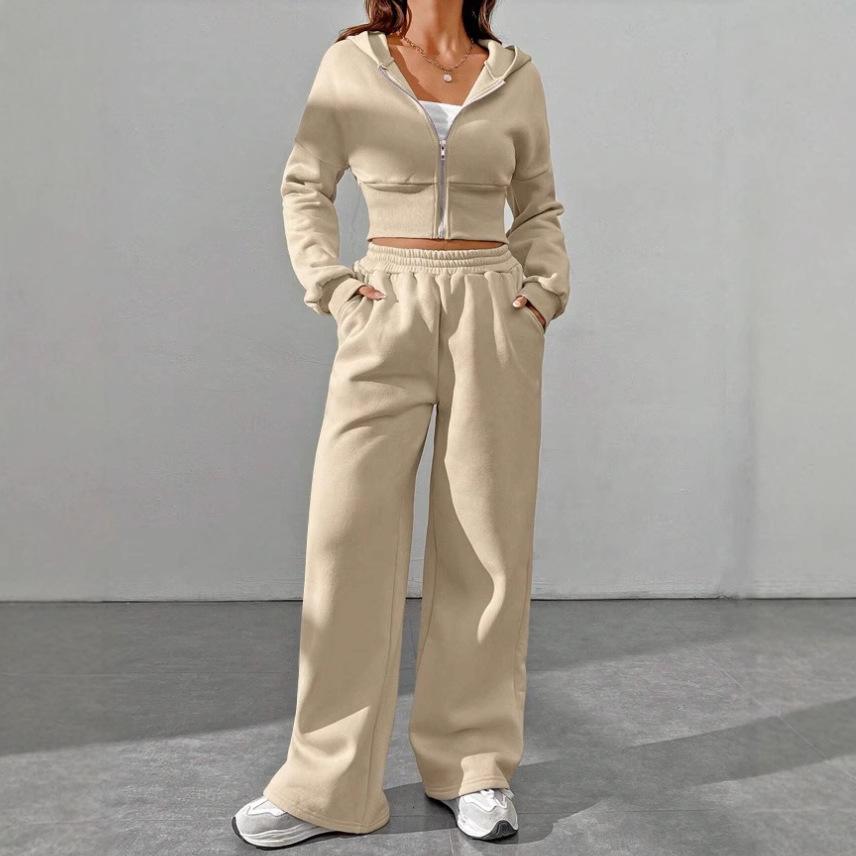 

Женский бежевый повседневный худи на молнии с капюшоном и комплект широких брюк для отдыха XXL хаки